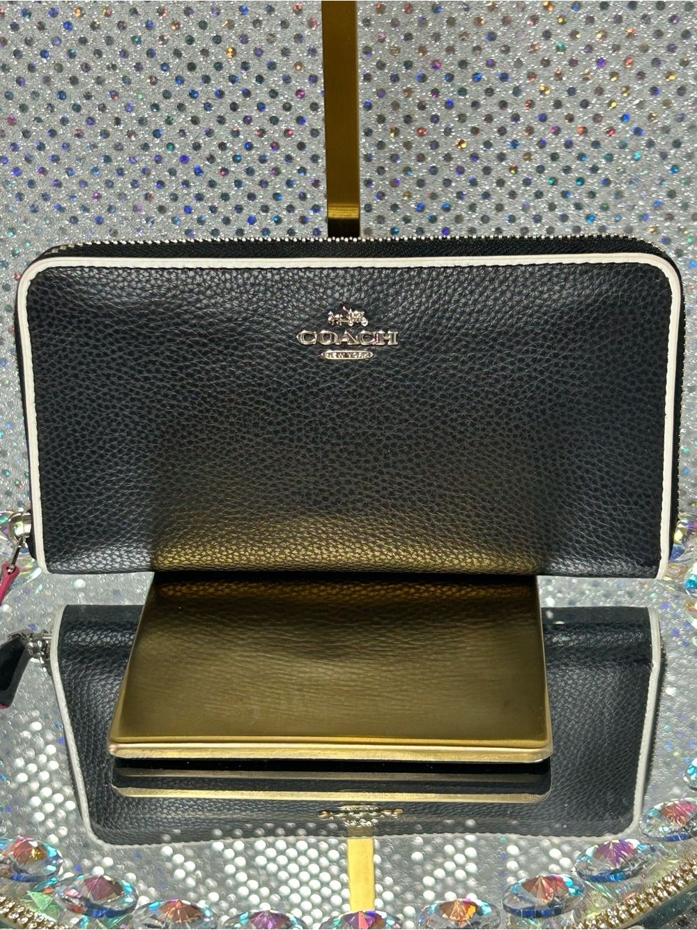 Coach Black Leather Zip Around Wallet with White Trim Approximately 7 x 4